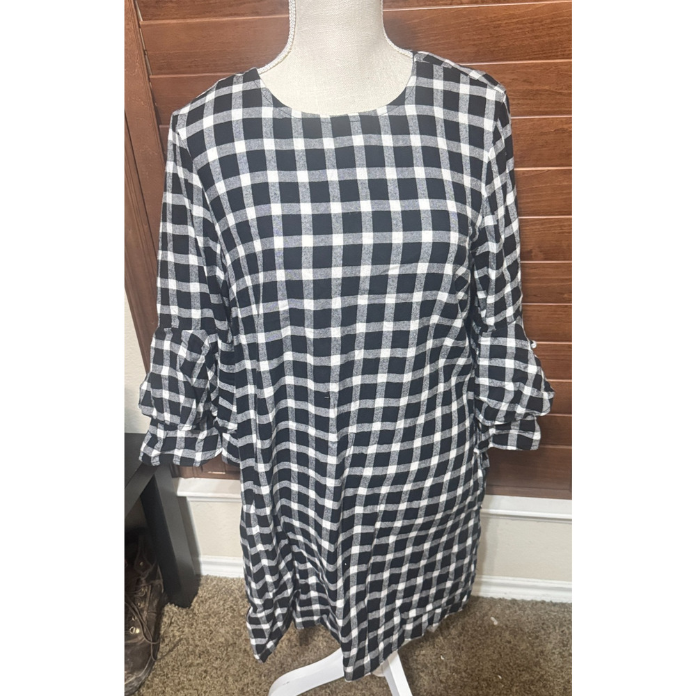Beach‎ Lunch Lounge Checkered Shift Dress Black White sz M bell sleeves academia